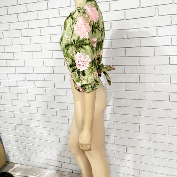 Agua Bendita Women's Large Peony Print Tie Wrap Top Dark Olive/Blush - Picture 4 of 10